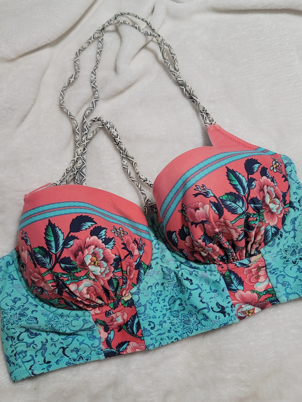 Floral Print Coral & Teal Bikini Top D Cup Stappy Western Tropical Swimsuit